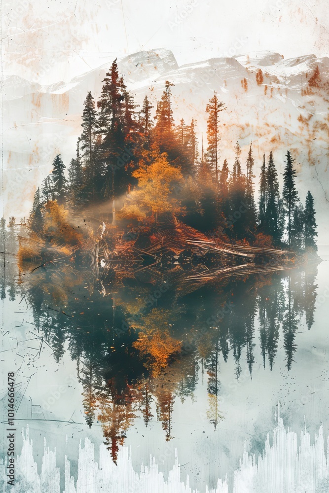 Poster a serene autumn island with pine trees reflected in a calm lake, set against a backdrop of snow-capp