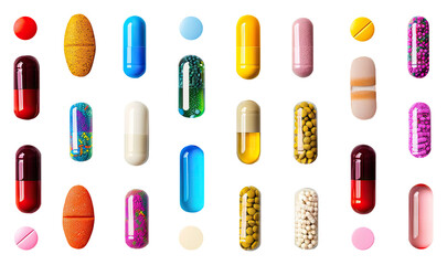 Different colored medicine and types of pills on Transparent Background AI Generative