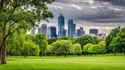 Obraz premium City Skyline Framed by Lush Green Parks