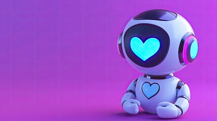 Obraz premium A cute, white robot with a blue heart on its chest sits on a purple background, looking to the side with a friendly expression.