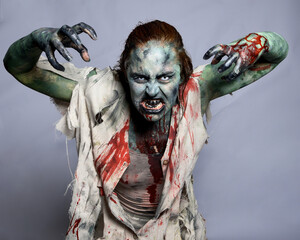 Close up portrait of scary female model wearing spooky halloween costume, ripped apocalyptic...