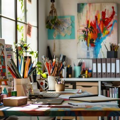 Sunlit art studio filled with colorful supplies, inspiring creativity with vibrant decor and artistic chaos.