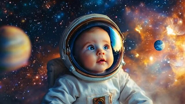 dream big follow your dreams concept with a baby astronaut in a space suit in space