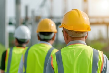 construction workers in yellow and white helmets and reflective vests walking on a job site, symbolizing teamwork and safety in the construction industry.