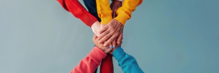 A group of diverse hands in colorful sleeves stacked together, representing teamwork, unity, collaboration, and support in a cooperative effort.