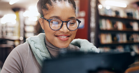 African, student and smile with tablet in library for research information, university news and study schedule. Woman, digital and reading online with education ebook, exam results and project report