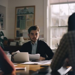 A thoughtful meeting scene, where a young professional attentively engages with documents and colleagues in a sunlit office room.