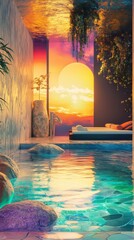 A colorful room with a large window that shows a sunset. The room has a bathtub and a bed
