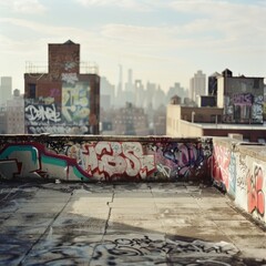 An urban rooftop presents a canvas of graffiti against a hazy cityscape backdrop under a cloud-dappled sky.