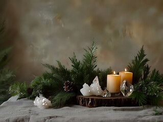 Peaceful winter solstice still life featuring harmonious elements of candles and evergreen branches. Nature concept