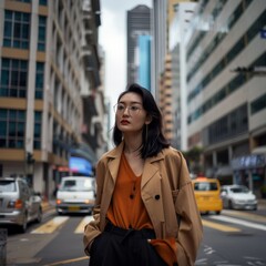A stylish individual stands confidently on a busy city street, surrounded by skyscrapers, embodying modern urban fashion with flair and sophistication.
