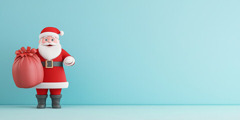 Kleiner lustiger Weihnachtsmann Comicfigur h&auml;lt Sack mit Geschenke. Freier Platz f&uuml;r Werbetext. Werbebanner Postkarte Weihnachtsgr&uuml;sse