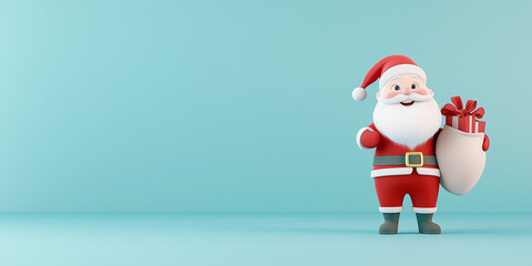 Kleiner lustiger Weihnachtsmann Comicfigur hält Sack mit Geschenke. Freier Platz für Werbetext. Werbebanner Postkarte Weihnachtsgrüsse