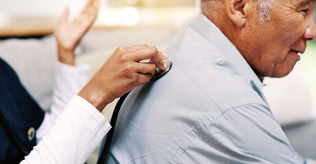 Healthcare, senior man and nurse with stethoscope for respiratory health, wellness and heartbeat....