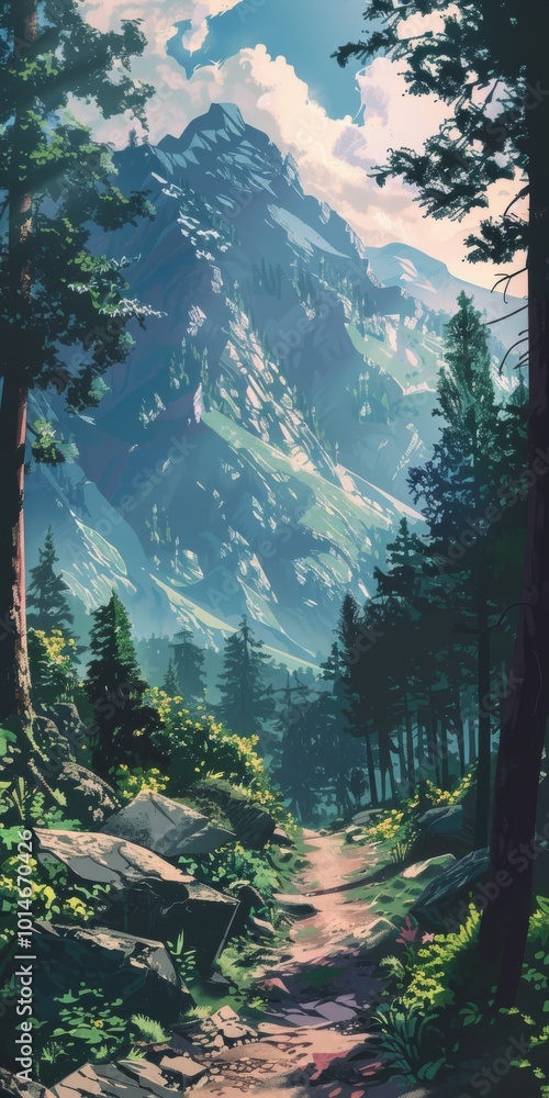 Wall mural Lofi scene with back view of a mountain trail.