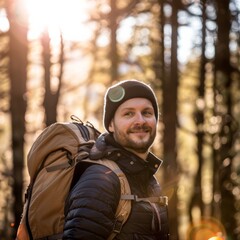 Fototapeta premium A content individual with a backpack smiles amidst a sun-dappled forest, radiating adventure and fulfillment.
