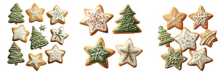 Set of Christmas cookies shaped like stars and trees with frosting isolated on a transparent background