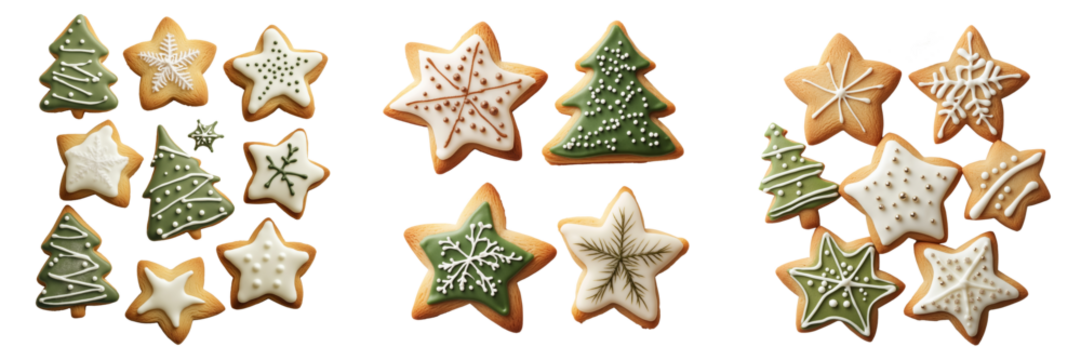 Set of Christmas cookies shaped like stars and trees with frosting isolated on a transparent background