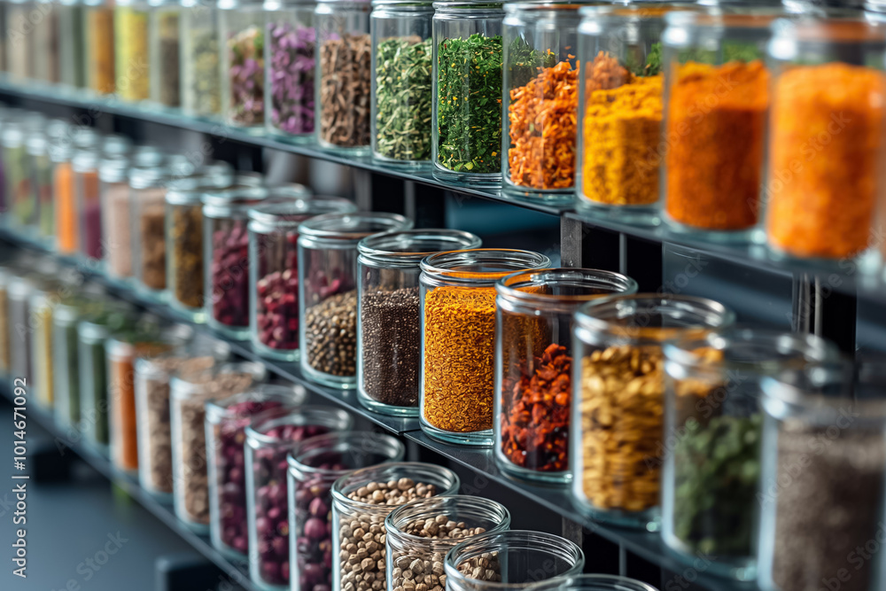 Poster spices and herbs in various shades are neatly arranged in glass jars on transparent shelves, showcas