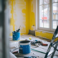 A sunny room under renovation with paint cans and supplies scattered, revealing a messy yet hopeful transformation in progress.
