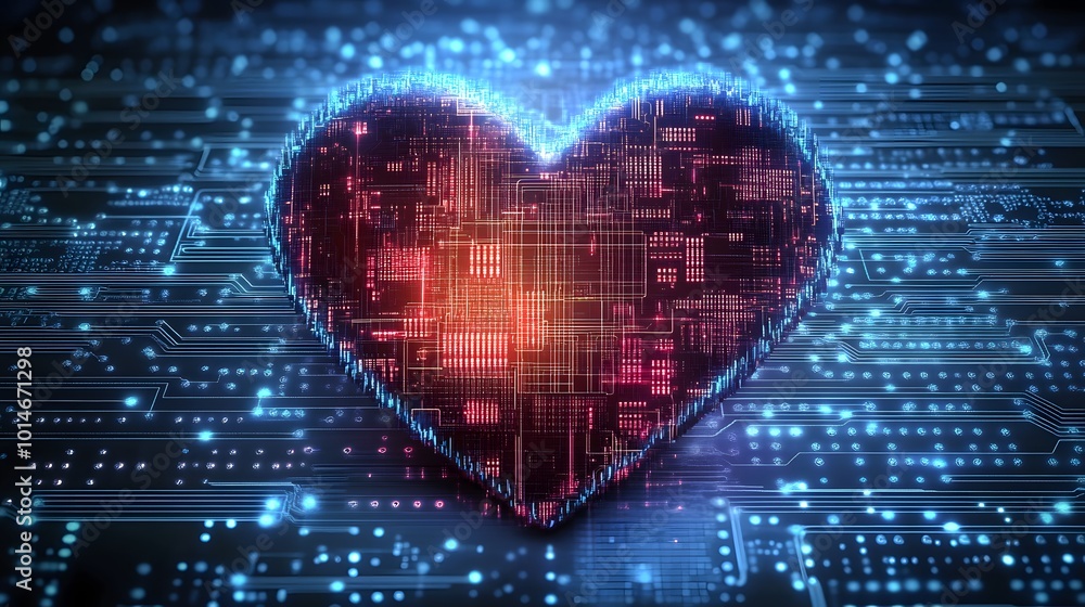 Poster digital heart with circuit board pattern on futuristic background