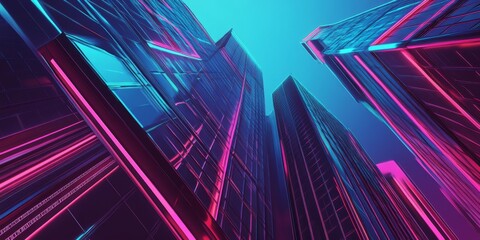 Futuristic Skyscrapers with Neon Lights Against a Vibrant Blue Sky in a Modern Urban Cityscape