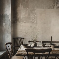 A rustic, cozy dining area features a wooden table with a delicate flower arrangement, set against a textured, weathered wall.