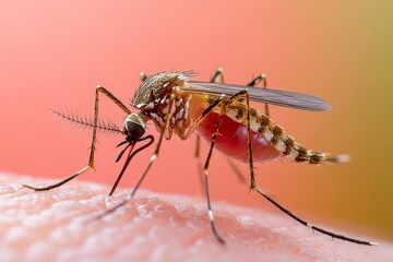 Close-up image of a mosquito against a warm-colored, vibrant background.