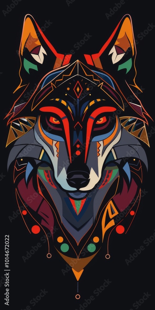 Wall mural Minimalist wolf head featuring colorful tribal ornaments.