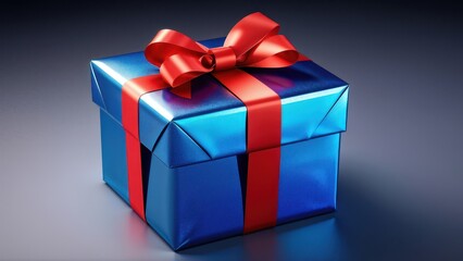 Obraz premium A shiny blue gift box with a red ribbon, symbolizing celebration and surprise.