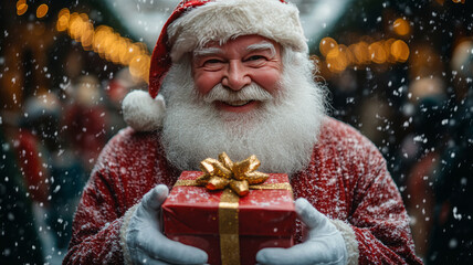 elderly Santa Claus with uniform stands with secret warmth smile, holding a red gift box with festive gold bow tie in the soft snow falling