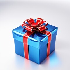 A shiny blue gift box with a red ribbon and bow, symbolizing celebration and giving.