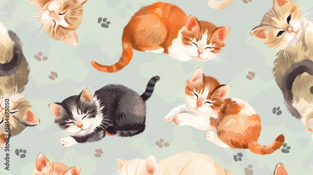Poster a series of cats are sleeping in a pattern. the cats are of different colors and sizes. the image ha