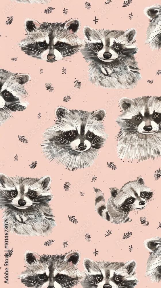 Wall mural A pattern of raccoons on a pink background. The raccoons are all different sizes and are facing different directions. Scene is playful and whimsical