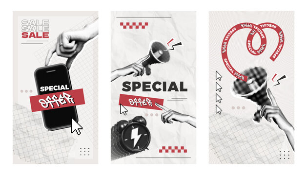Black Friday Graphic Templates for Sale in Social Media Story. Vector banners with halftone elements. Hand with megaphone, phone, alarm clock and discount promotions. Contemporary art vector collage