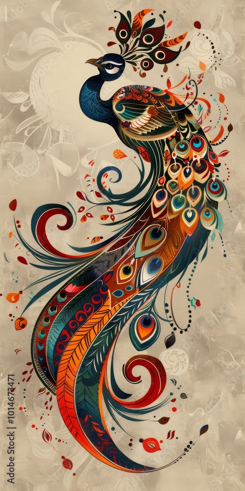 Wall mural Peacock head with ornate tribal designs in a conceptual style.