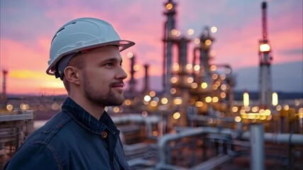 A man in a hard hat stands in an industrial area with pipes and a sunset in the background, suggesting a focus on safety and work.
