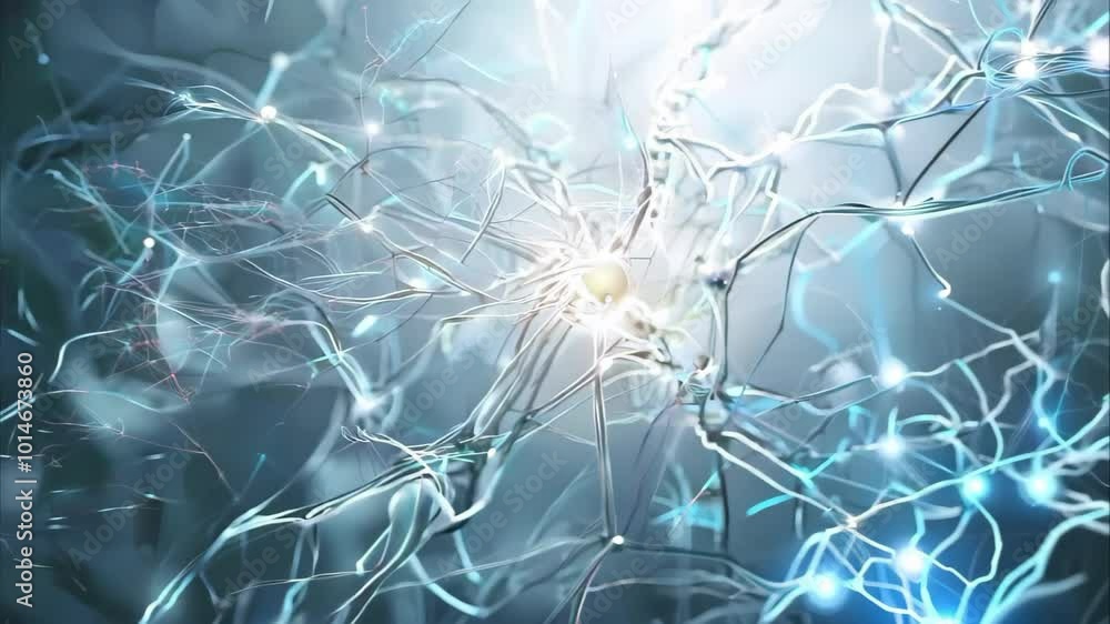 Poster a close-up view of neurons, highlighting their intricate structures and connections, often depicted 