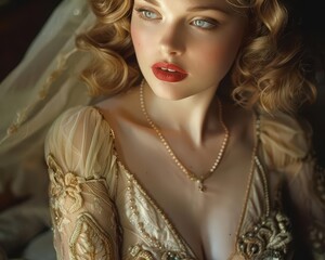 Fototapeta premium Hollywood glamour 1930s40s with elegant gowns, historical and luxurious, Fashion, Soft tones, Photograph, Golden Age style