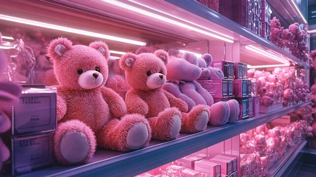 
white vending machine with neon lighting with many plush kawaii pink bears inside, modern retro vibe