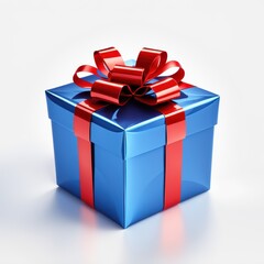 Obraz premium A shiny blue gift box adorned with a red ribbon and bow, symbolizing celebration and giving.