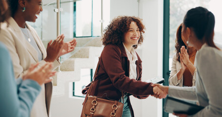 Employees, women and happy at office with handshake for recruitment, welcome and agreement....