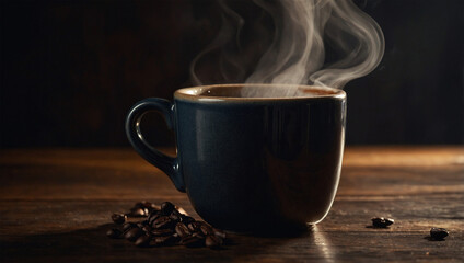 Hot cup of black coffee in a ceramic mug, with steam rising against a cozy, dimly lit background.