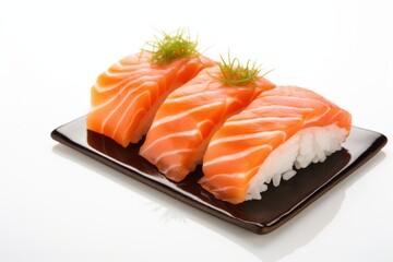 Salmon sushi painted in watercolor on a white background Showing the pattern of the fish