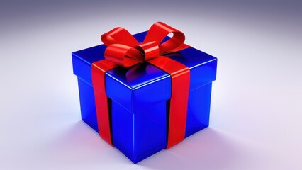 Obraz premium A shiny blue gift box with a red ribbon and bow, symbolizing celebration and giving.