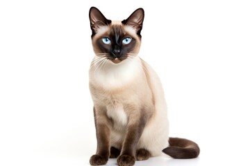 Siamese cat on white background displaying a dignified, playful, or affectionate demeanor