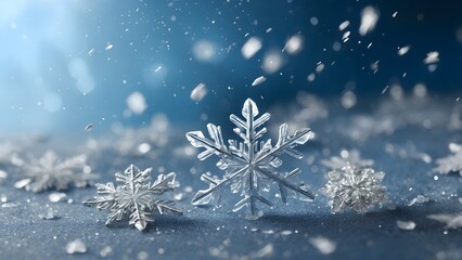 Snowflakes Gently Falling on a Blue Backdrop During Winter, Creating a Serene and Magical Atmosphere
