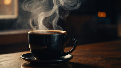 Hot cup of black coffee in a ceramic mug, with steam rising against a cozy, dimly lit background.