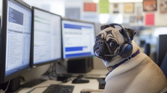 A pug dog is sitting in an office chair in front of a computer with two monitors. The dog is wearing headphones and looking at the camera.