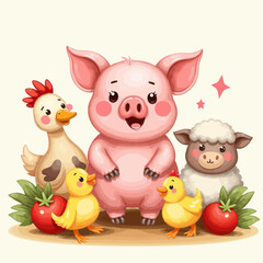Naklejka premium Cute Farm Animals Illustration 